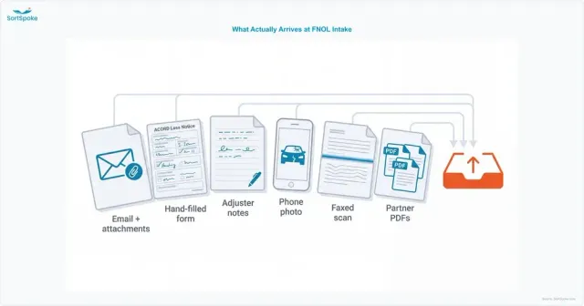 Six first notice of loss intake formats arriving at a claims desk — email with attachments, hand-filled ACORD loss notice, adjuster notes, phone damage photo, faxed scan, and varied partner PDFs