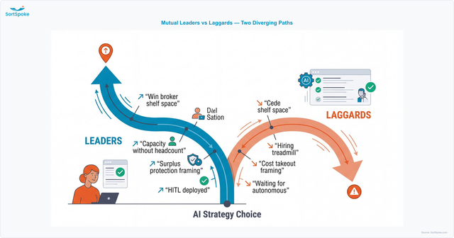 Diverging-paths diagram showing the strategic fork mutual carriers face on AI — the leader path leads to capacity growth and broker shelf space, the laggard path to slow decline and demutualization