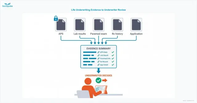 Flow diagram of life underwriting evidence (APS, lab results, paramedical exam, prescription history and application) feeding an evidence summary that links back to source pages for the underwriter to review