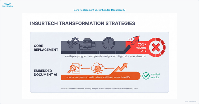 Comparison bar chart contrasting core system replacement timeline and failure rate against embedded document AI time-to-value