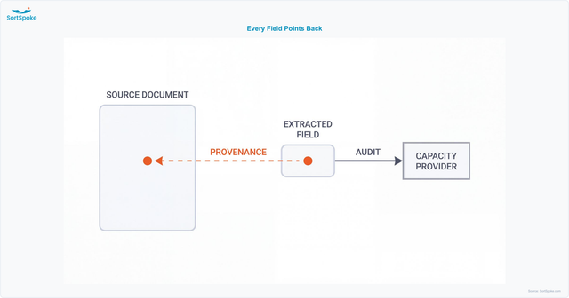 Diagram showing an extracted field tracing back to its exact location in the source document, and the resulting record being produced for a capacity provider audit