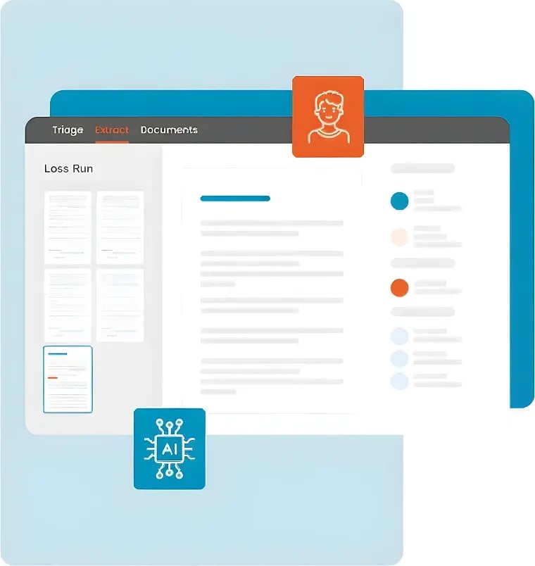 SortSpoke extraction interface with a Loss Run document queue, AI extraction and human review