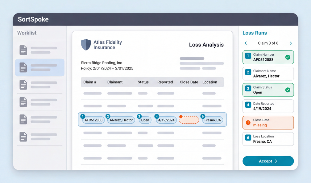 Stylized illustration of SortSpoke's extraction workbench embedded in an underwriting system, showing a carrier loss run report with highlighted extractions and the Loss Runs field panel