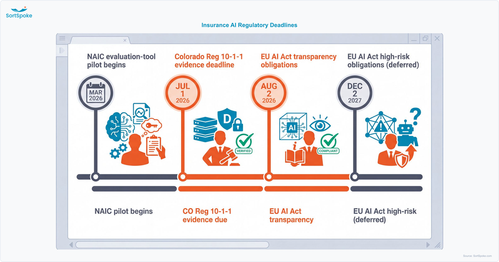 Timeline of insurance AI regulatory deadlines from the March 2026 NAIC pilot through the deferred December 2027 EU AI Act high-risk deadline