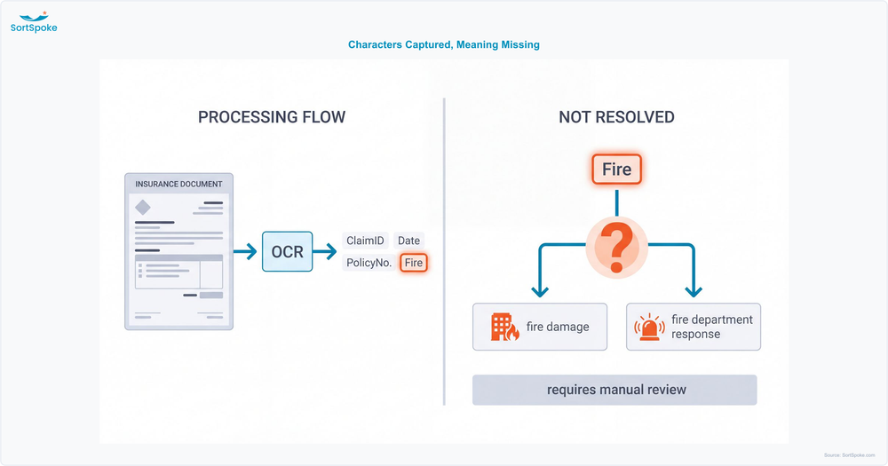 Diagram contrasting optical character recognition capturing characters from an insurance document with the contextual meaning it cannot capture