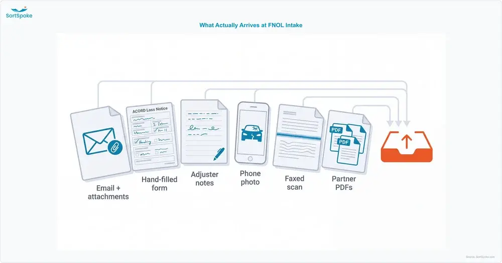 Six first notice of loss intake formats arriving at a claims desk — email with attachments, hand-filled ACORD loss notice, adjuster notes, phone damage photo, faxed scan, and varied partner PDFs