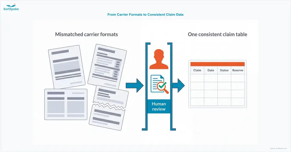 Mismatched carrier loss run formats passing through a human review checkpoint and resolving into one consistent claim-level data table