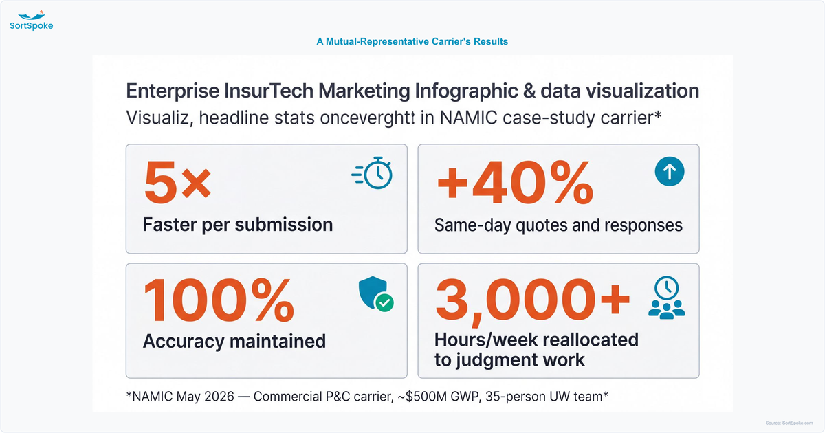 Four-stat results grid from a mutual-representative carrier — 5× faster per submission, +40% same-day quotes, 100% accuracy maintained, 3,000+ hours per week reallocated to judgment work