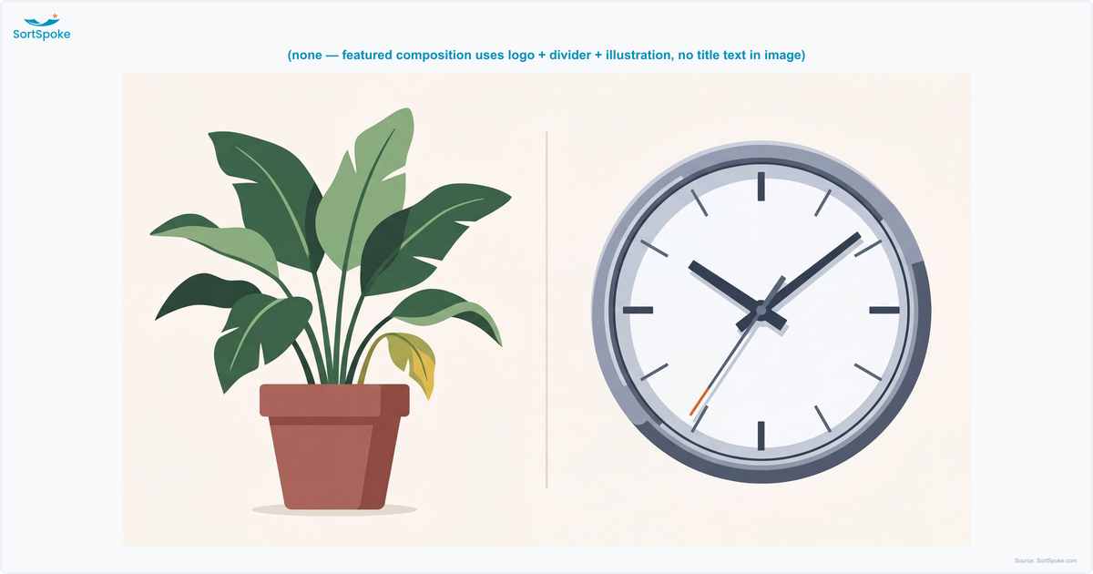 A potted houseplant beside a mechanical clock, illustrating the contrast between AI as a living, drift-prone system versus AI as a set-and-forget software install