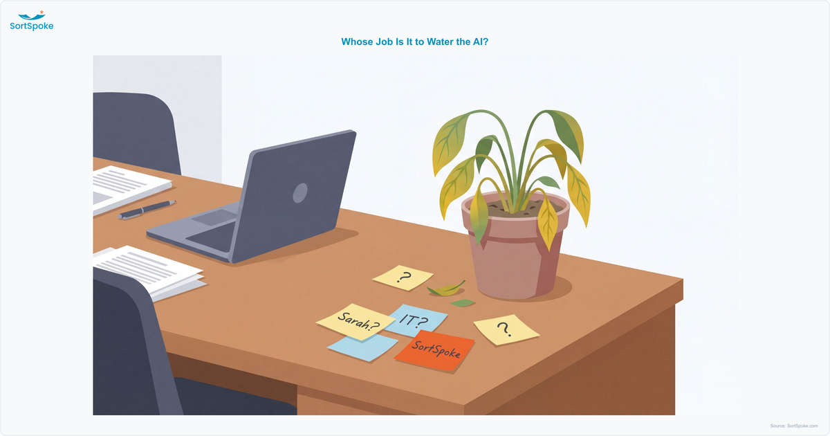 A neglected potted plant on an office desk surrounded by Post-it notes with different people's names and question marks, illustrating the 'whose job is it' ownership failure that lets AI maintenance fall through the cracks