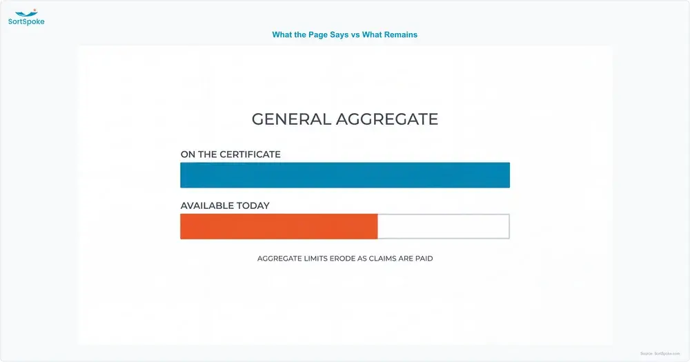 Two bars comparing the general aggregate limit printed on a certificate with the smaller amount that remains available after claims are paid