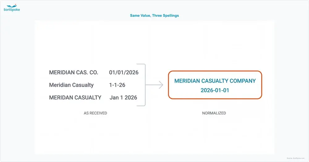 Three versions of the same insurer name and effective date, each formatted differently, converging into a single consistent normalized value