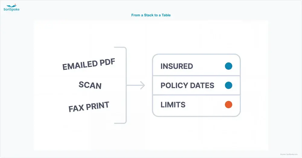 Certificates arriving as an emailed PDF, a scan and a faxed print, resolving into a single table of labelled fields each carrying a confidence indicator