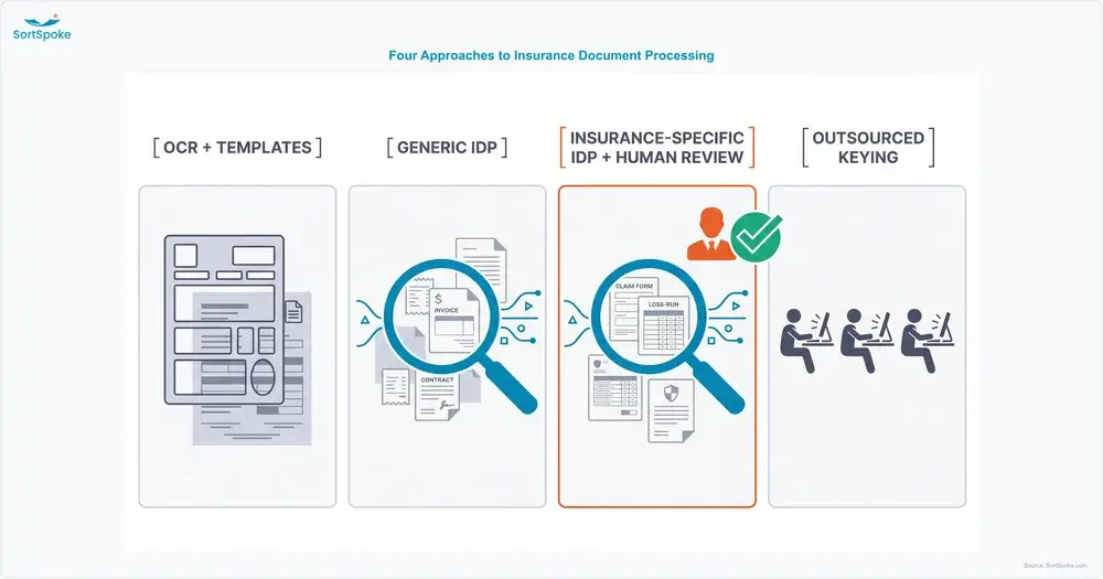 Four approaches to insurance document processing side by side: OCR with templates, generic IDP, insurance-specific IDP with human review, and outsourced keying
