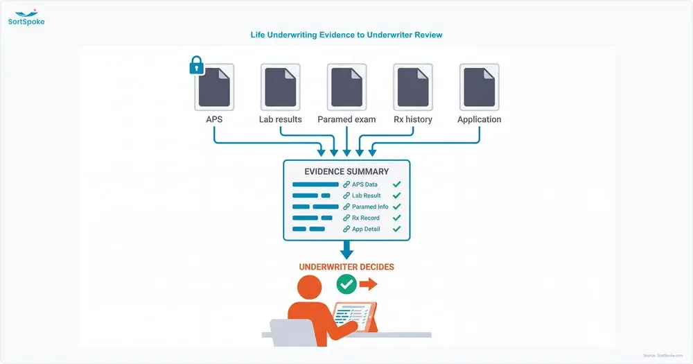 Flow diagram of life underwriting evidence (APS, lab results, paramedical exam, prescription history and application) feeding an evidence summary that links back to source pages for the underwriter to review