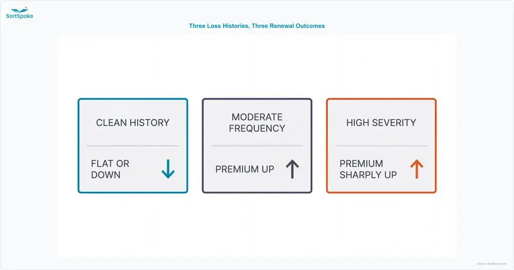 Three loss history profiles side by side - clean history, moderate frequency, and high severity - and the direction each one drives premium at renewal