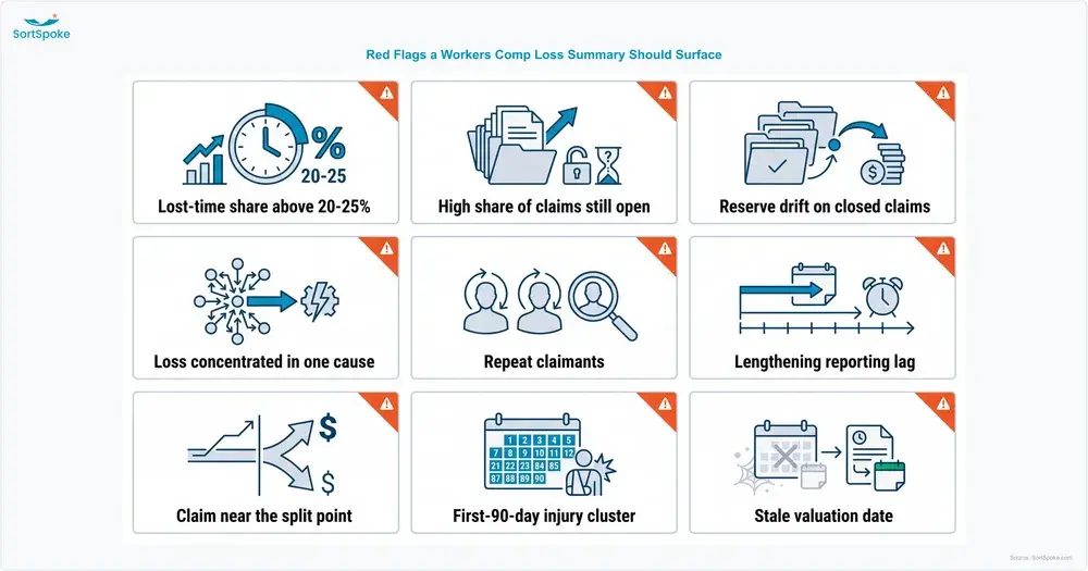 Nine red flags underwriters look for on a workers comp loss summary — high lost-time share, open claims, reserve drift, loss concentration, repeat claimants, reporting lag, a claim near the split point, first-90-day injuries, and a stale valuation date