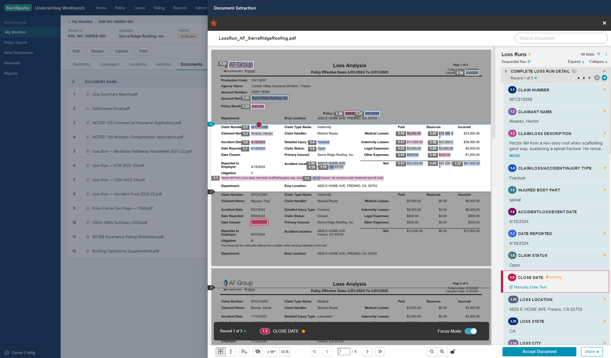 SortSpoke document extraction embedded inside an underwriting workbench, showing a loss run report on the left and extracted claim fields (claim number, claimant, paid and reserved amounts, loss location) on the right for underwriter review and approval