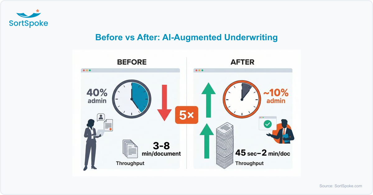 Before and after comparison showing underwriting capacity metrics: 40% admin time reduced to 10%, document processing from 3-8 minutes to 45 seconds, with 5x improvement