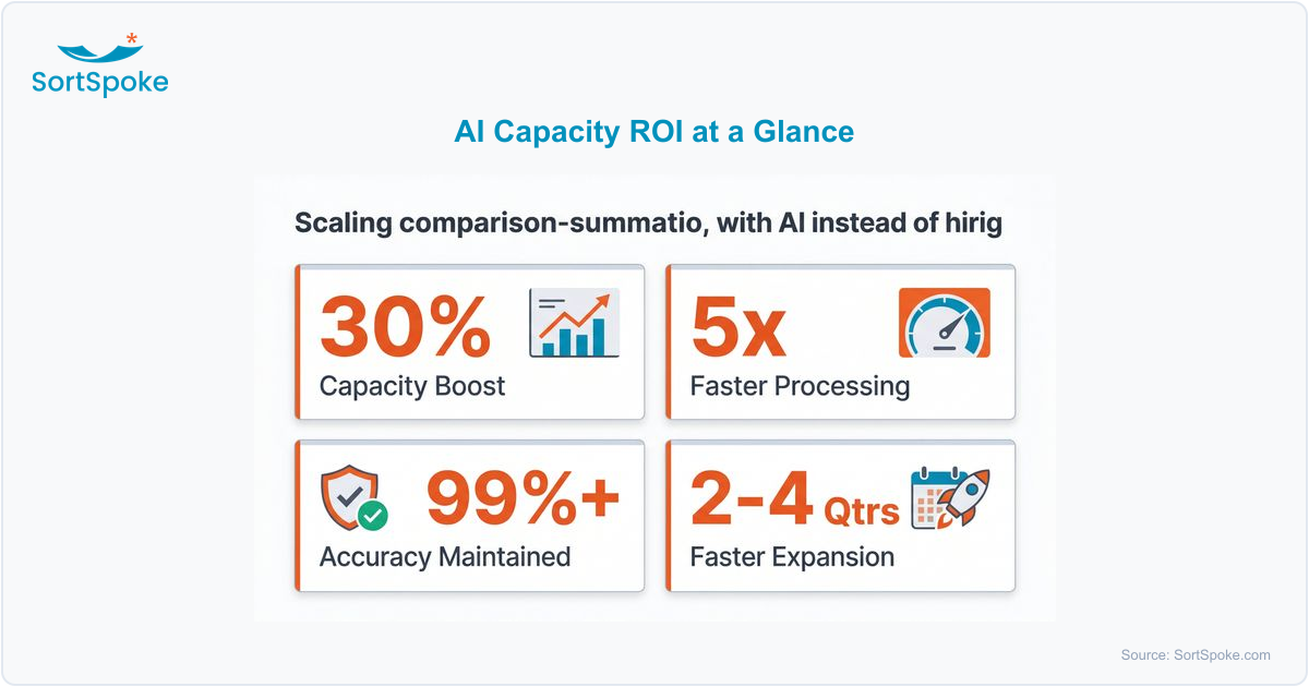 AI capacity ROI at a glance: 30% capacity boost, 5x faster processing, 99%+ accuracy maintained, 2-4 quarters to full expansion