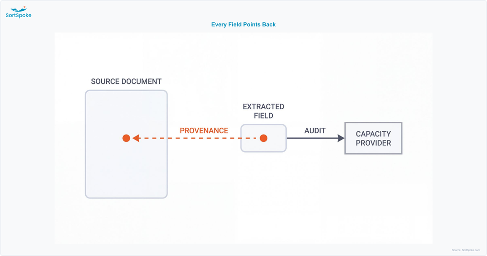 Diagram showing an extracted field tracing back to its exact location in the source document, and the resulting record being produced for a capacity provider audit