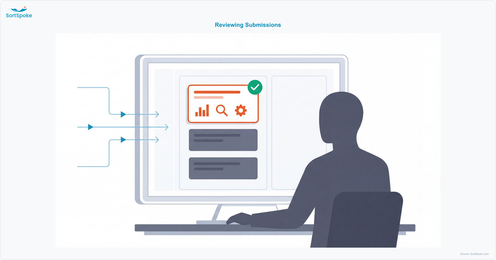 Underwriter analyzing submission data and benchmarks on computer