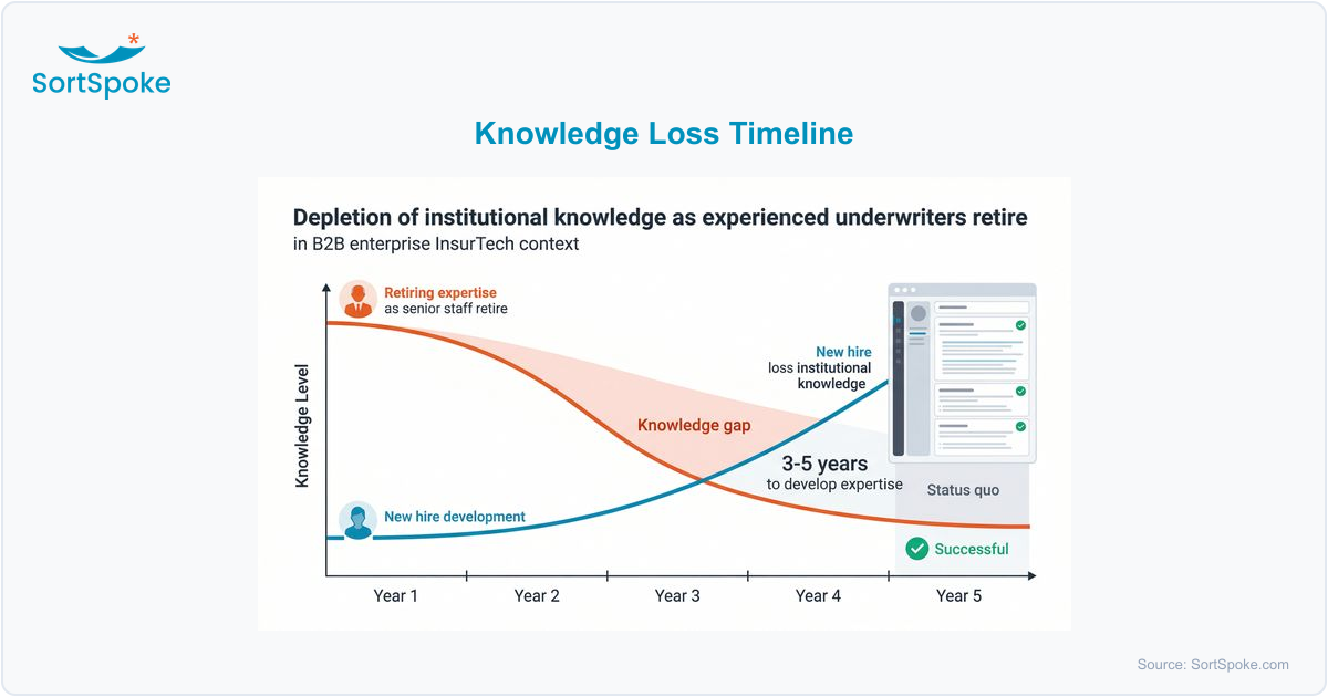 Infographic showing institutional knowledge depleting over time as experienced underwriters retire, with a knowledge gap between retiring expertise and new hire development