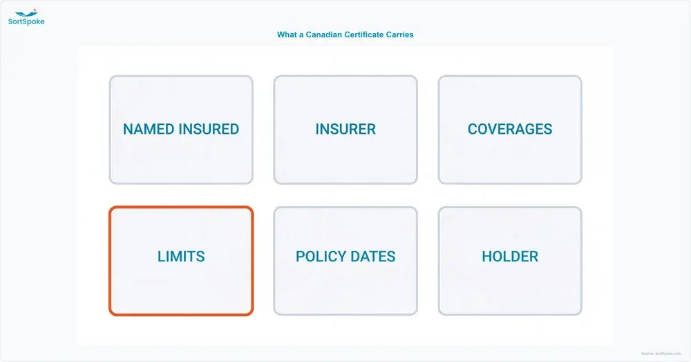 Graphic naming six fields on a Canadian commercial certificate of insurance: named insured, insurer, coverages, limits, policy dates and certificate holder