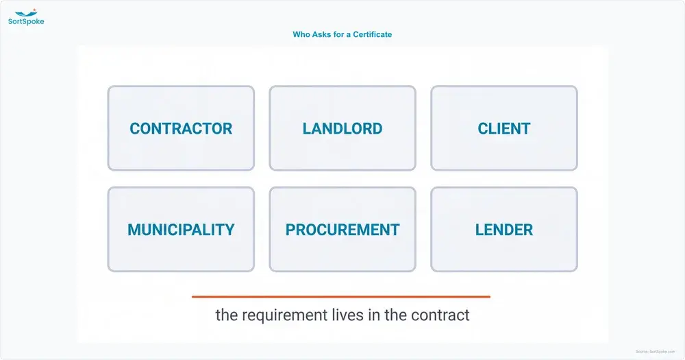 Graphic showing the six parties that commonly request a certificate of insurance, from general contractors to lenders